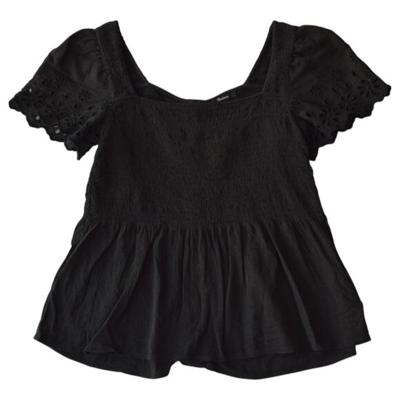 Madewell Black Smocked Eyelet Puff Sleeve Peplum Top w/ Back Buttons – Size M - Picture 1 of 5